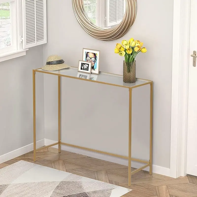 Modern Gold Frame 39.4  Entryway Console Table Glass Top