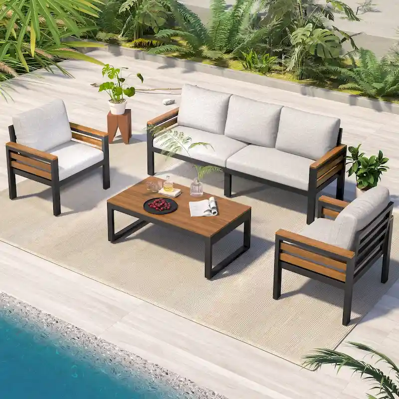 4-Piece Outdoor Iron Sofa Set with Wood Coffee Table & Cushions