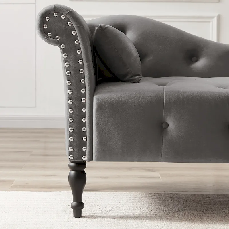 Modern 60.6 Velvet Upholstered Buttons Tufted Chaise Lounge Chair with Solid Wood Legs and Nailheads