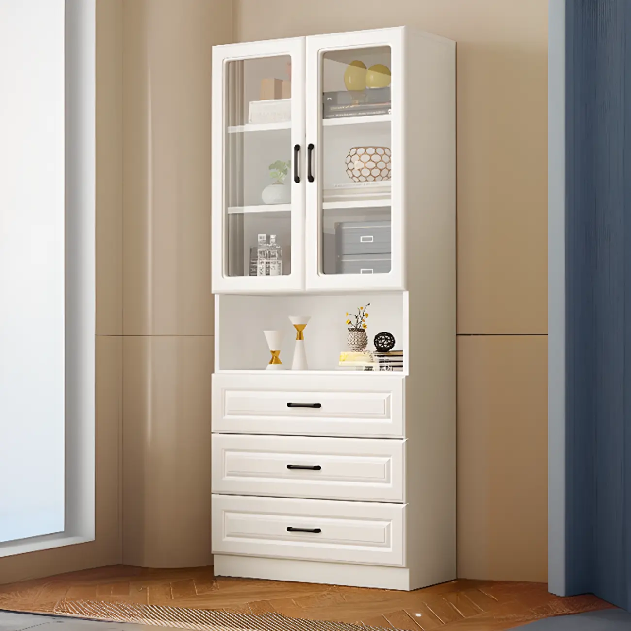 Classic White Vertical Wood Display Bookcase with Cabinet