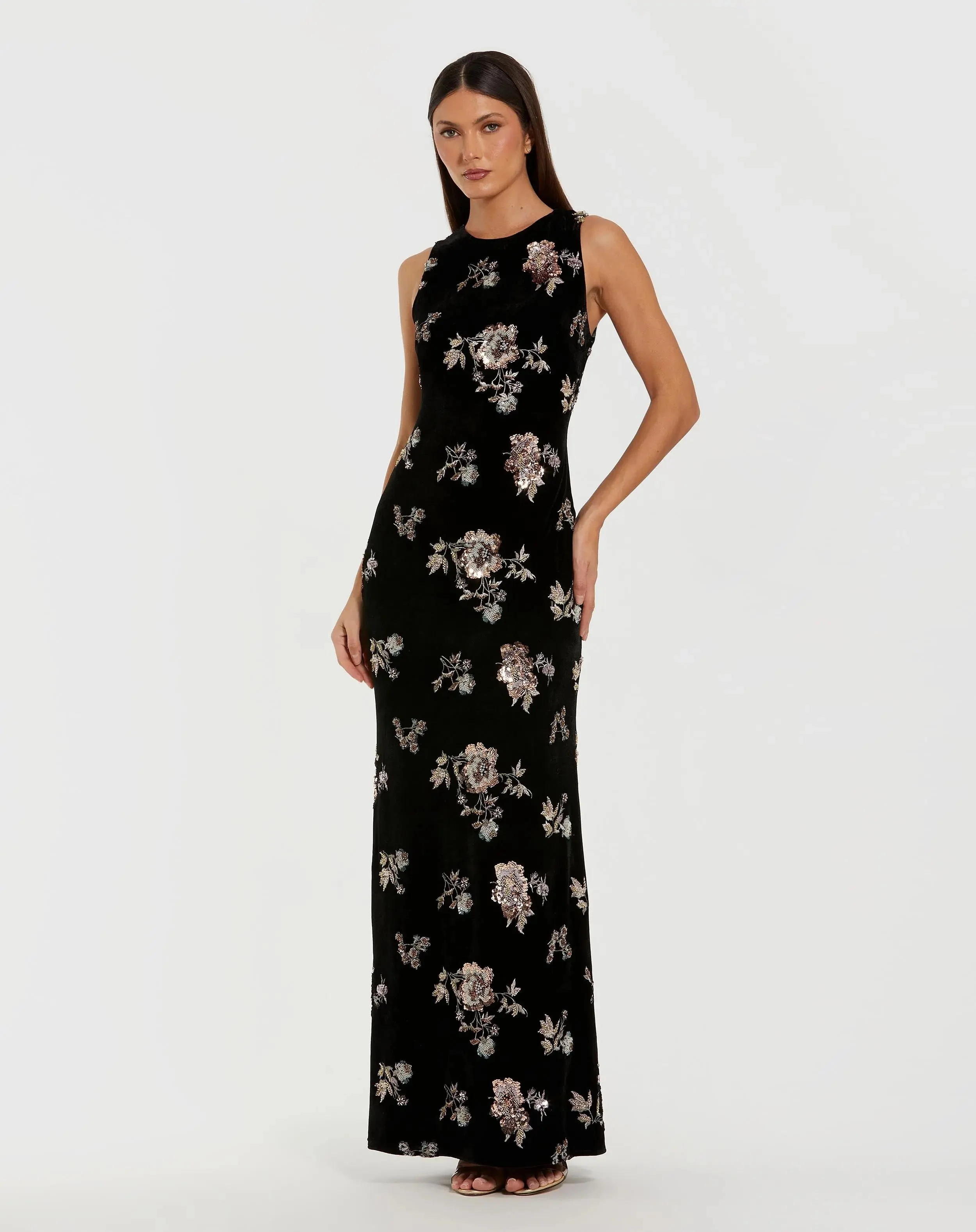 Black Sleeveless Floral Embellished Velvet Evening Gown