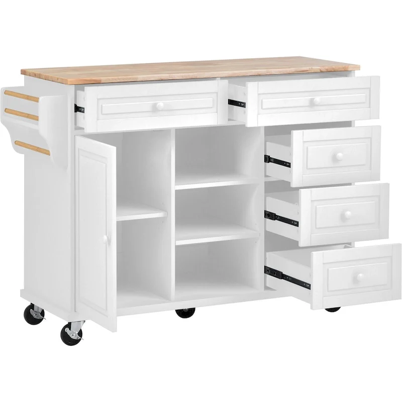 Rubber Wood Desktop Kitchen Cart Featuring Five Drawers, Concealed Cabinet, Adjustable Shelves and Smooth Rolling Wheels
