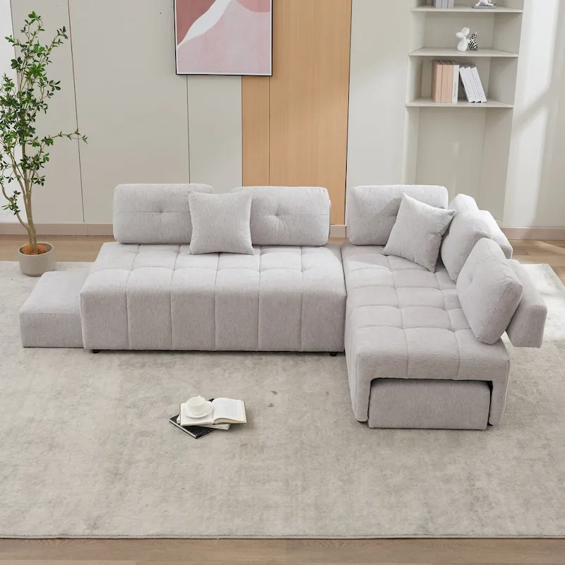 91.73  L-Shaped 4 Seater Sectional Sofa with 2 Hidden Stools, 2 Removable Lumbar Pillows, and Durable Chenille Upholstery