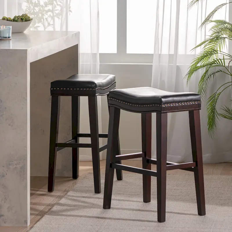Modern Upholstered Saddle Bar Stools (with Nailhead Trim, Set of 2)