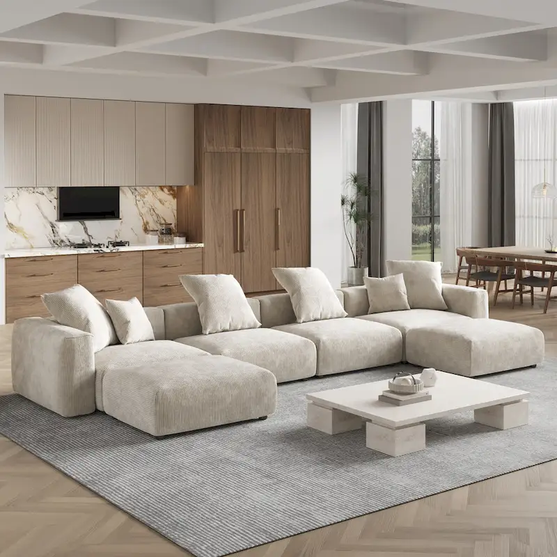 Large U-Shape Linen Reversible Modular Seating Component Sectional with 2 Ottoman