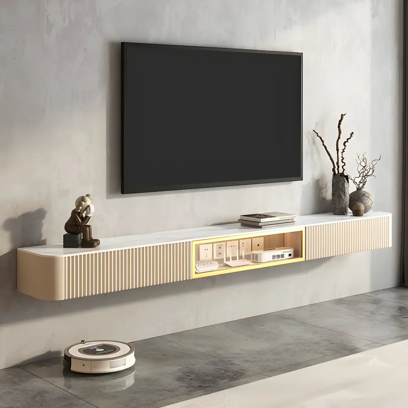 71 Beige Stone Floating TV Stand with Cable Management