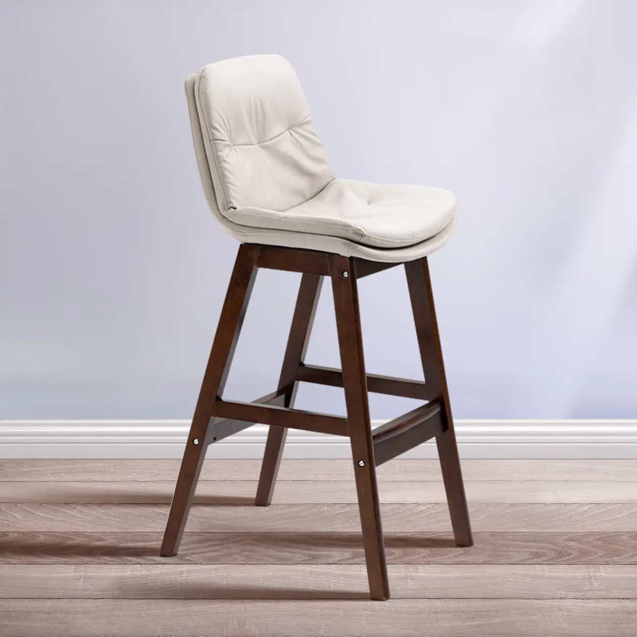 Scandinavian Wood Frame Leather Ergonomic Bucket Bar Stool