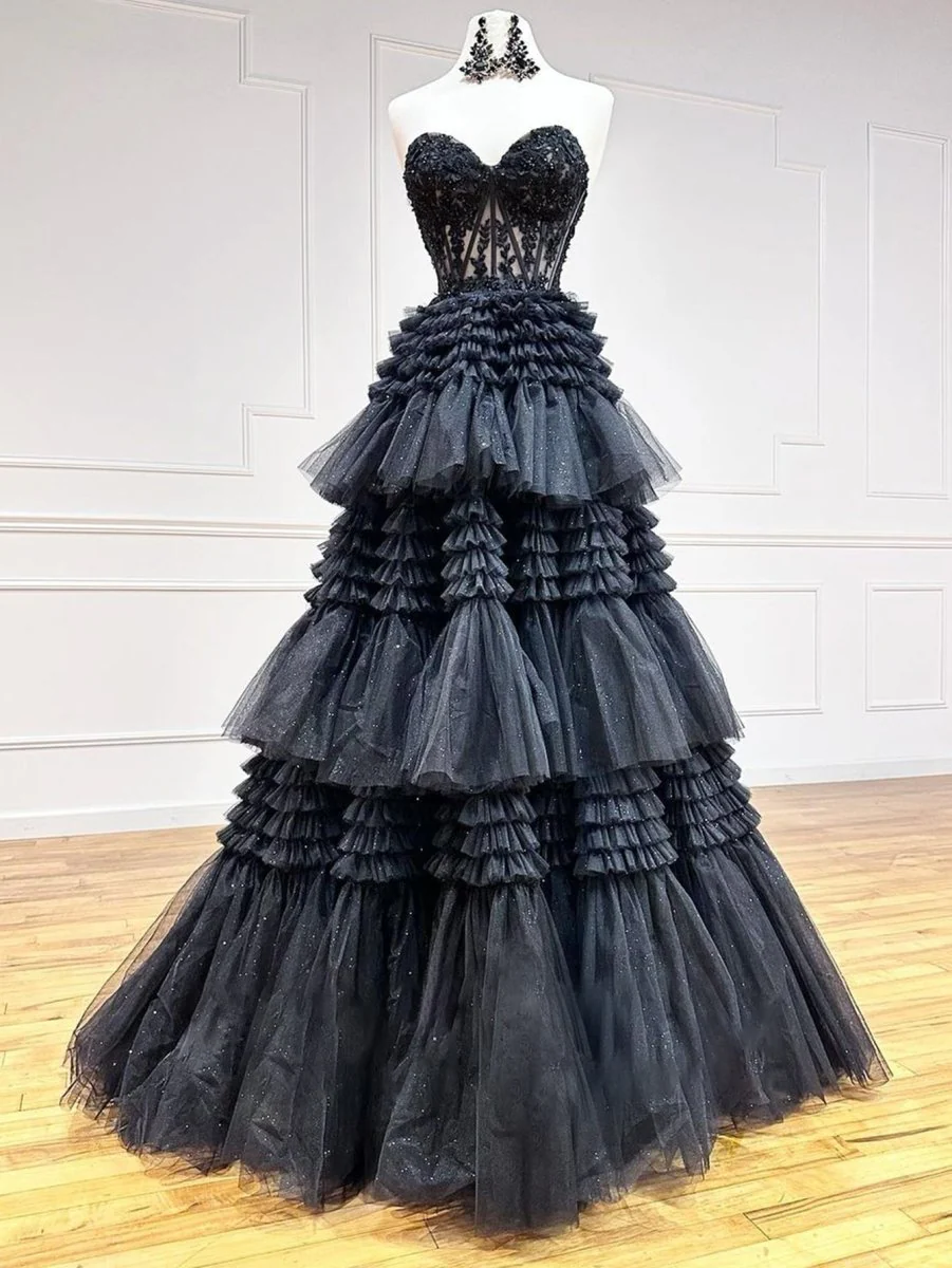 A-Line Sweetheart Tiered Long Tulle Prom Dress