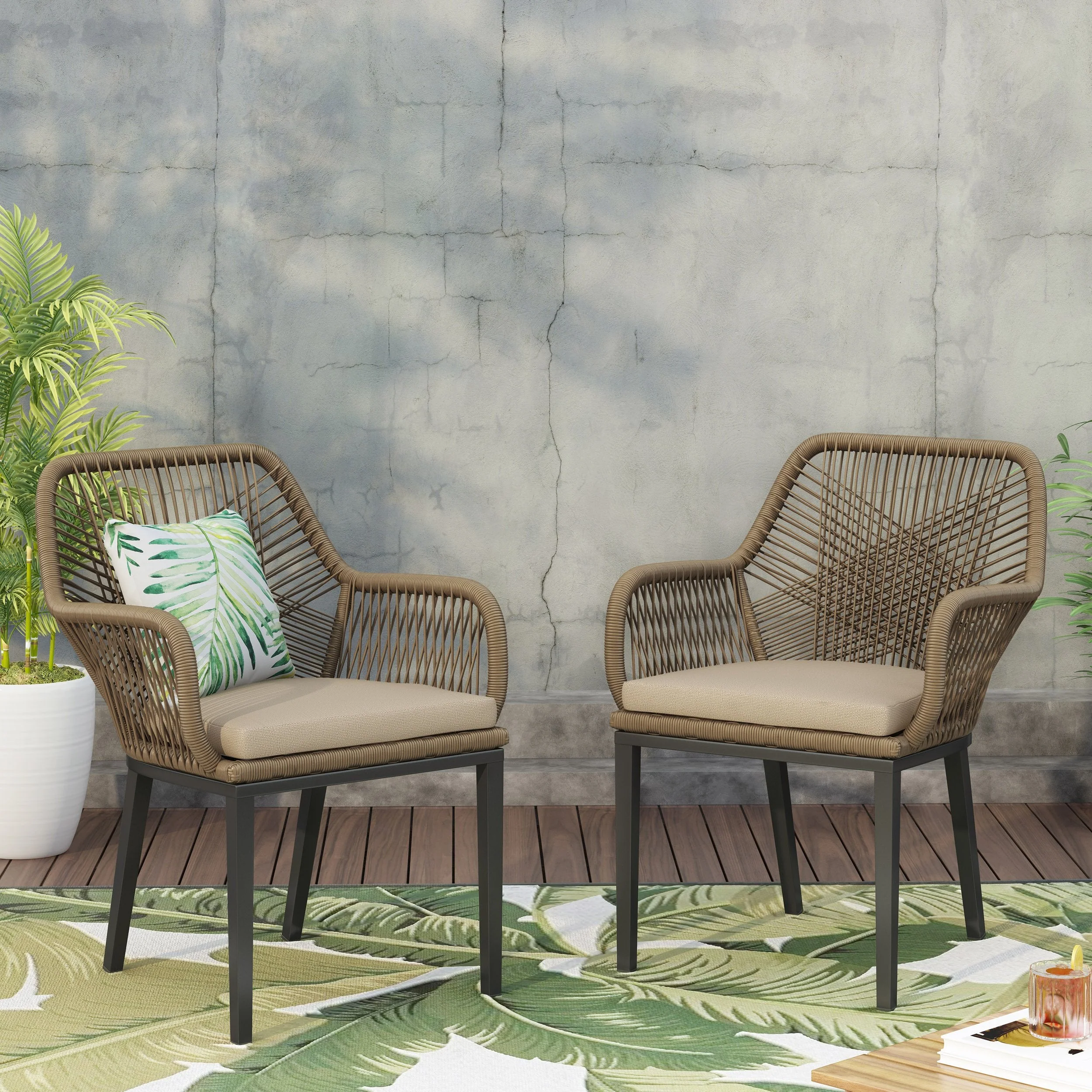 Outdoor Wicker Dining Chair with Cushion, Set of 2, Light Brown and Beige - NH971513
