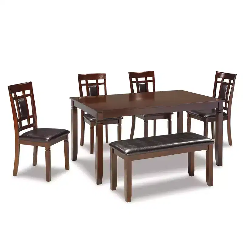 Signature Design by Ashley Bennox Dining Table Set Brown: 6-Piece Modern Rectangular Non-Extension Set with Bench & Upholstered Chairs