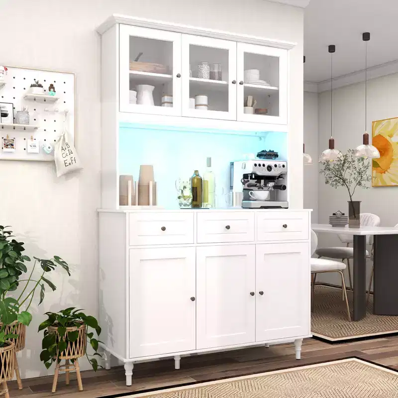 Costway Pantry Cabinet 77 Tall Kitchen Storage Cabinet with LED Lights & Charging Station,Freestanding Cupboard with 4 Adjustable Shelves