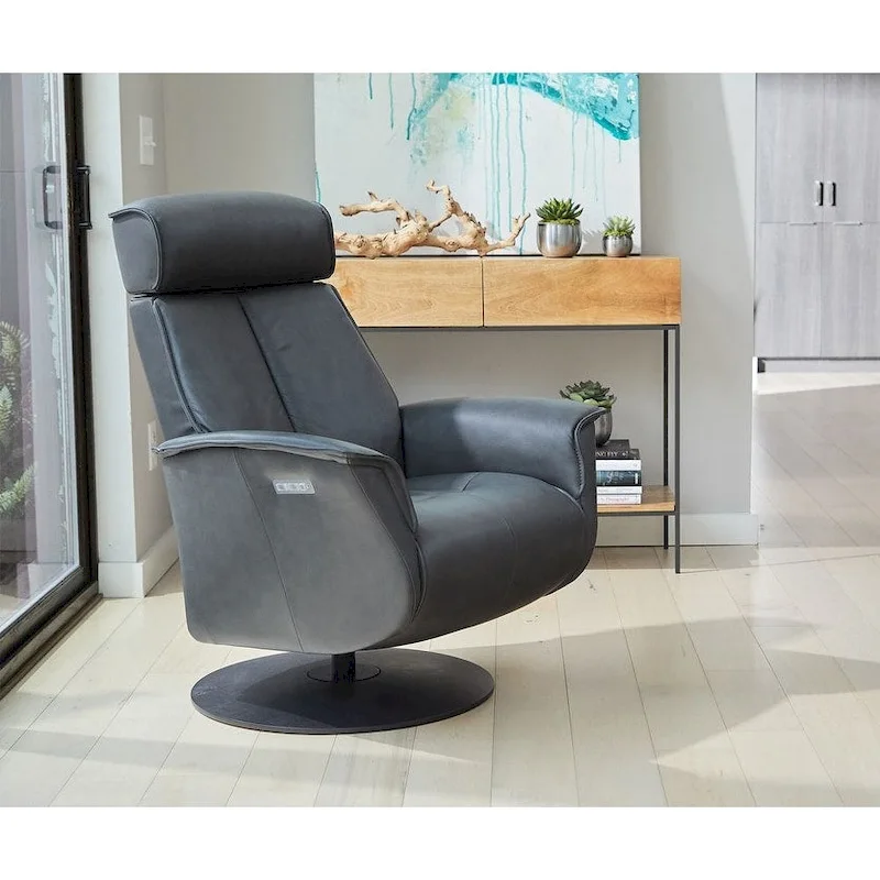 Slate / Cement Top-Grain Leather Power Recliner with Swivel Base – Medium & Large, For 1 Person