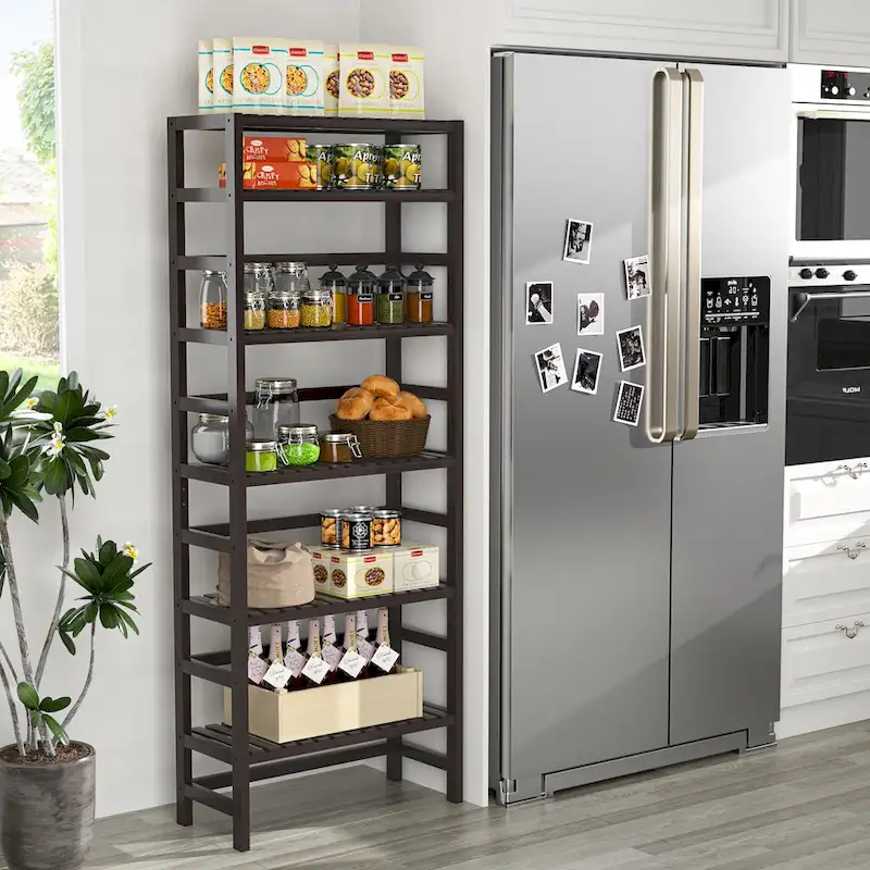 6-Tiers Adjustable Bamboo Storage Shelving Rack,Freestanding Open Display Shelf Organizer Rack