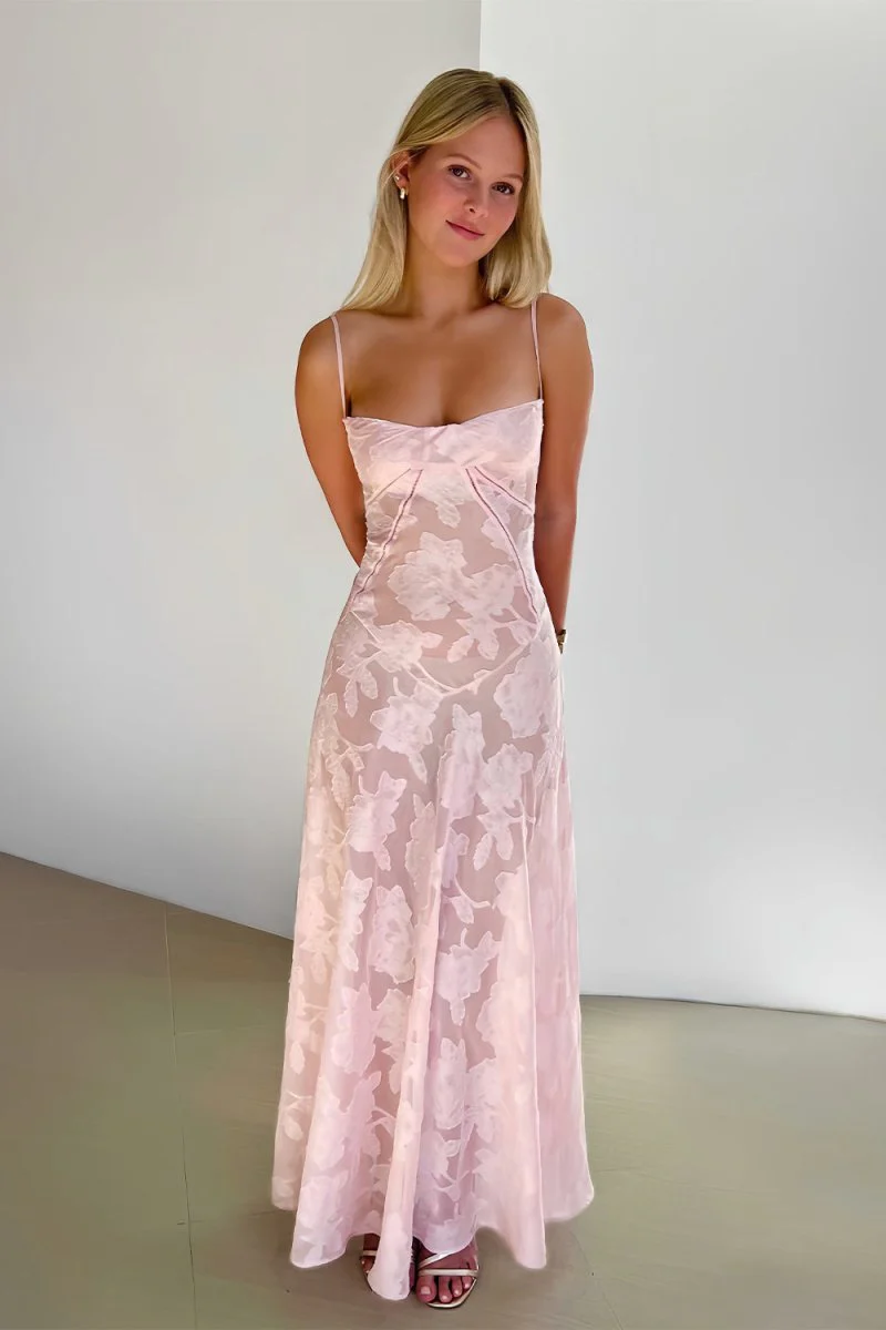 Pink Sheath Satin Floral Spaghetti Straps Long Prom Dresses