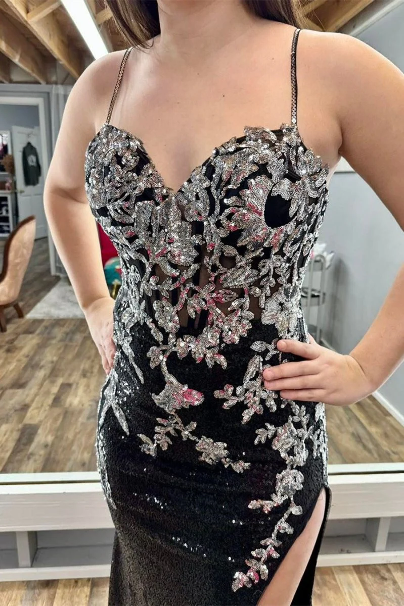 Black Sequin Appliques Spaghetti Strap Long Prom Dress with Slit