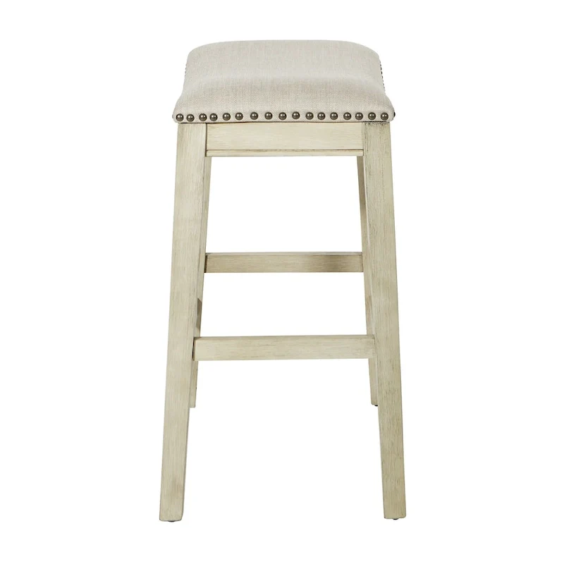 Antique White Saddle Bar Stool Set of 2 – Counter Height, Beige Fabric Seat