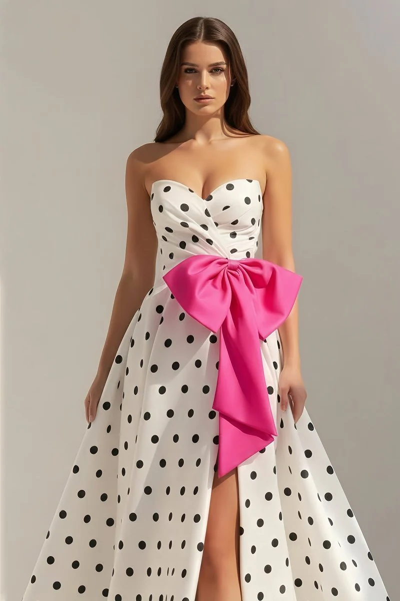 Fuchsia Strapless A Line Polka Dots Satin Long Prom Dresses With Bow