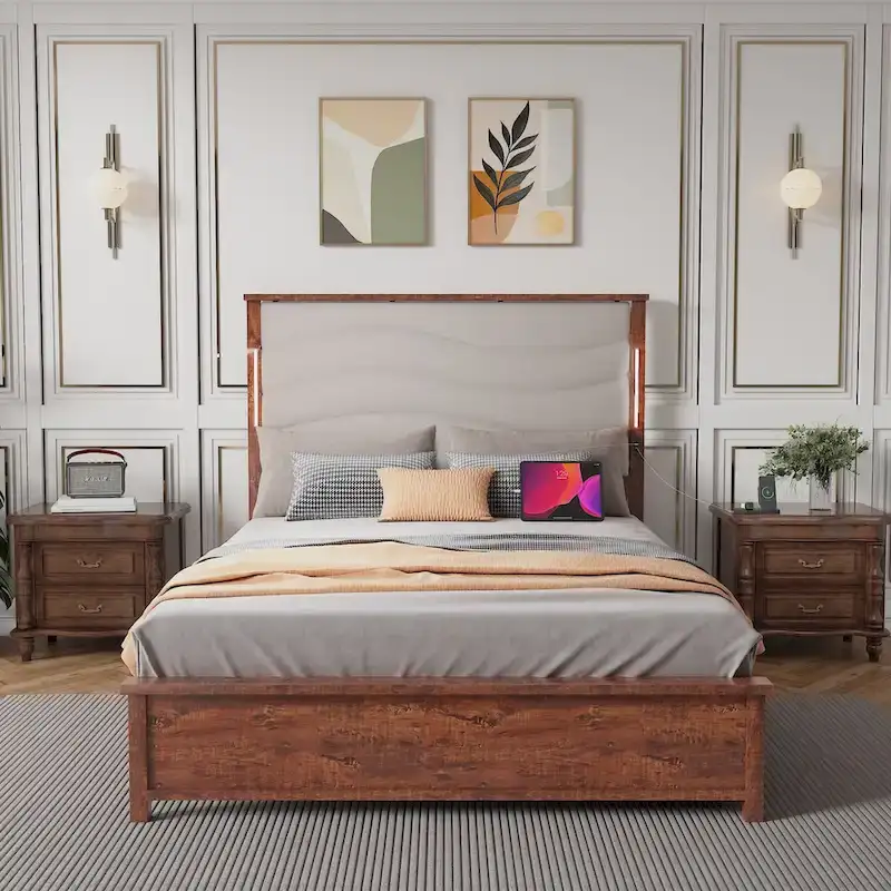 King Bed Frame with Upholstered Headboard, Charging Station, LED Lights, Wood Slats, No Box Spring Needed, Easy Assembly