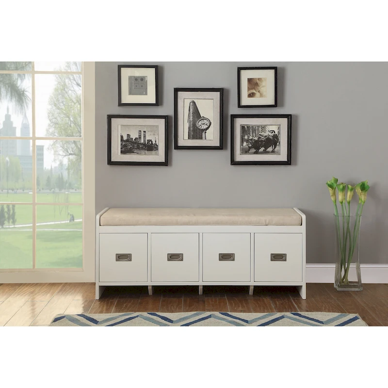Berci Beige Fabric & White Finish Bench W/Storage