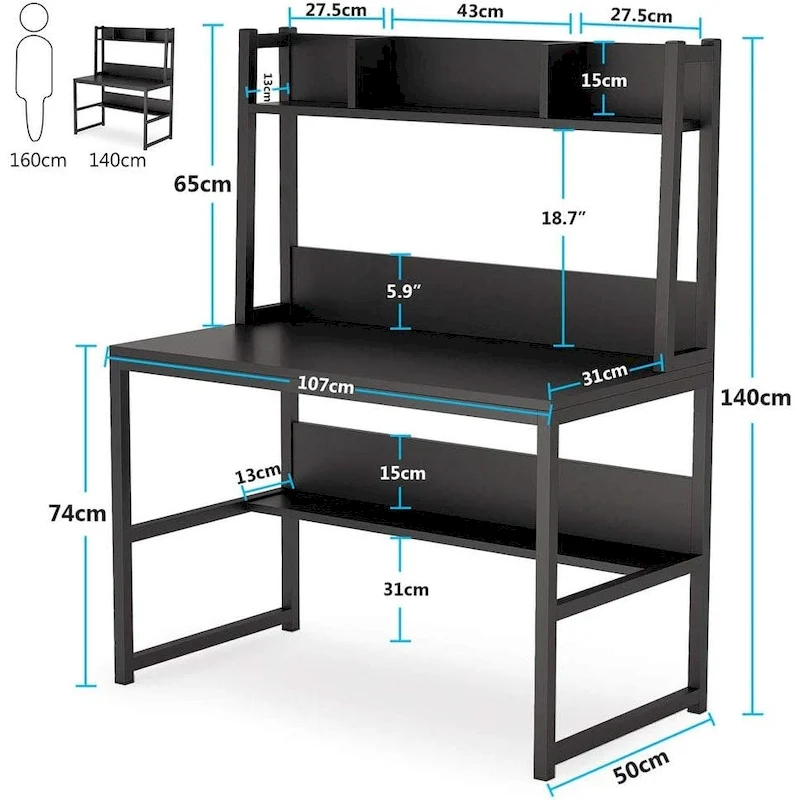 Computer Desk, Home Office Desk Study Desk with Hutch and Shelves