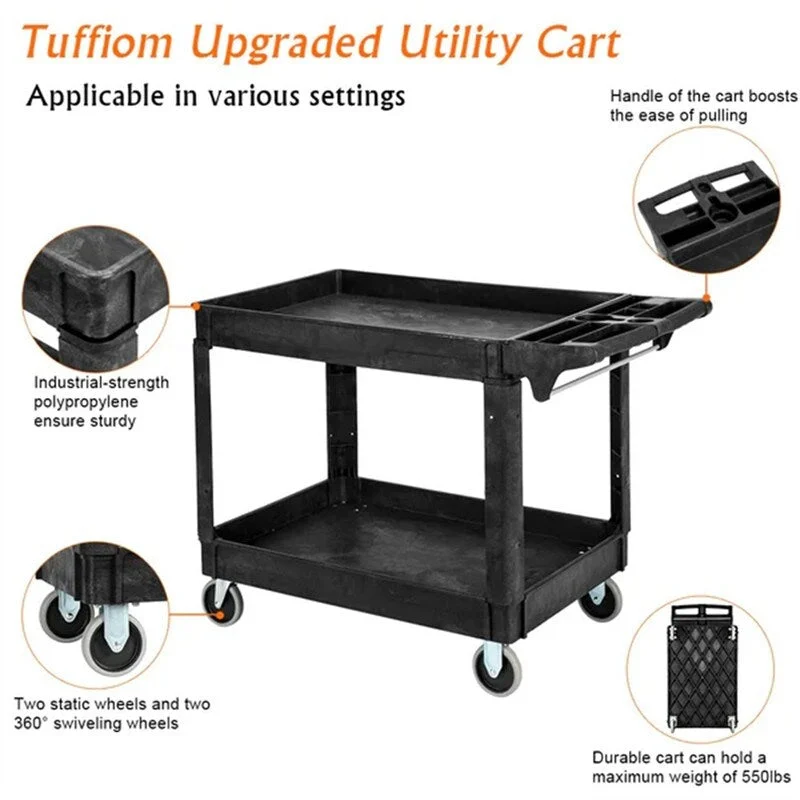 2 Tier Large 550lbs Capacity Shelf Plastic Utility Cart with Wheels Black