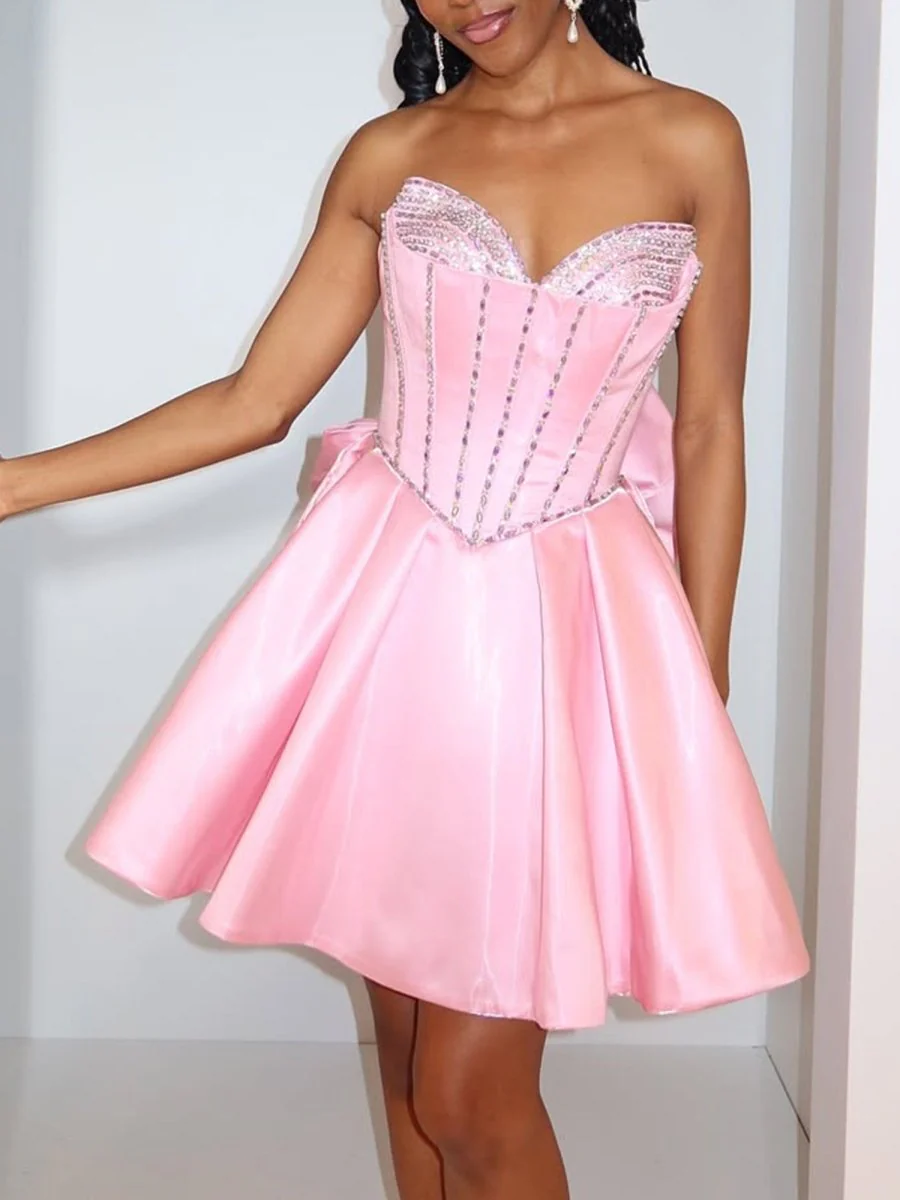 Pink - Strapless Satin A Line Beaded Homecoming Dress With Bow