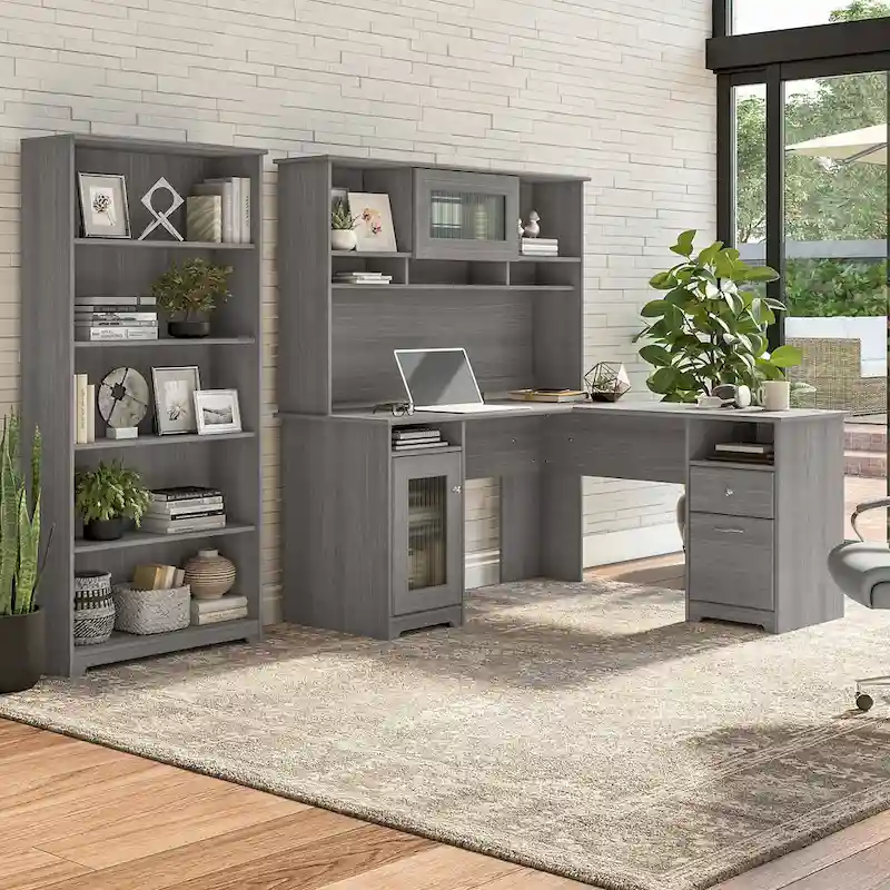 Cabot 60W L-Desk with Hutch and 5 Shelf Bookcase by Bush Furniture