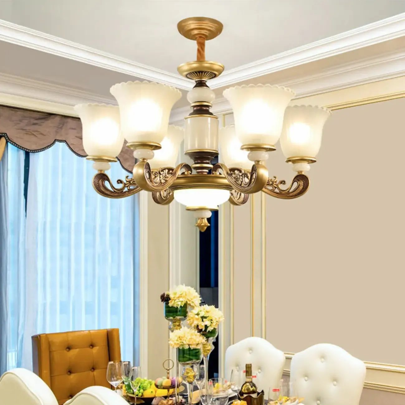 Adjustable Dining Room Gold Glass Bell Shape Up Light Chandelier