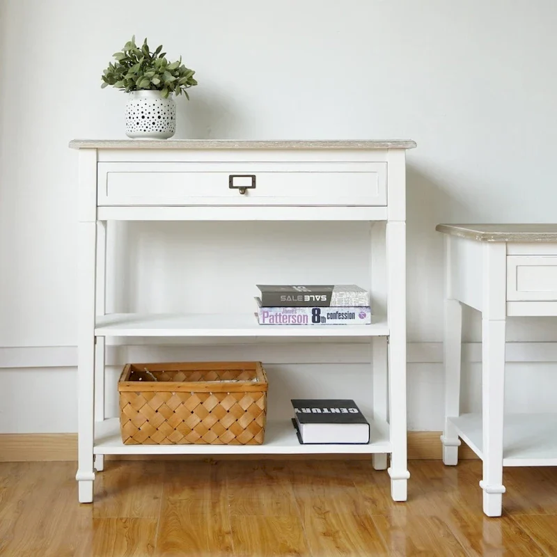 White / Grey Vintage Accent Side End Table with Drawer – 1 Person