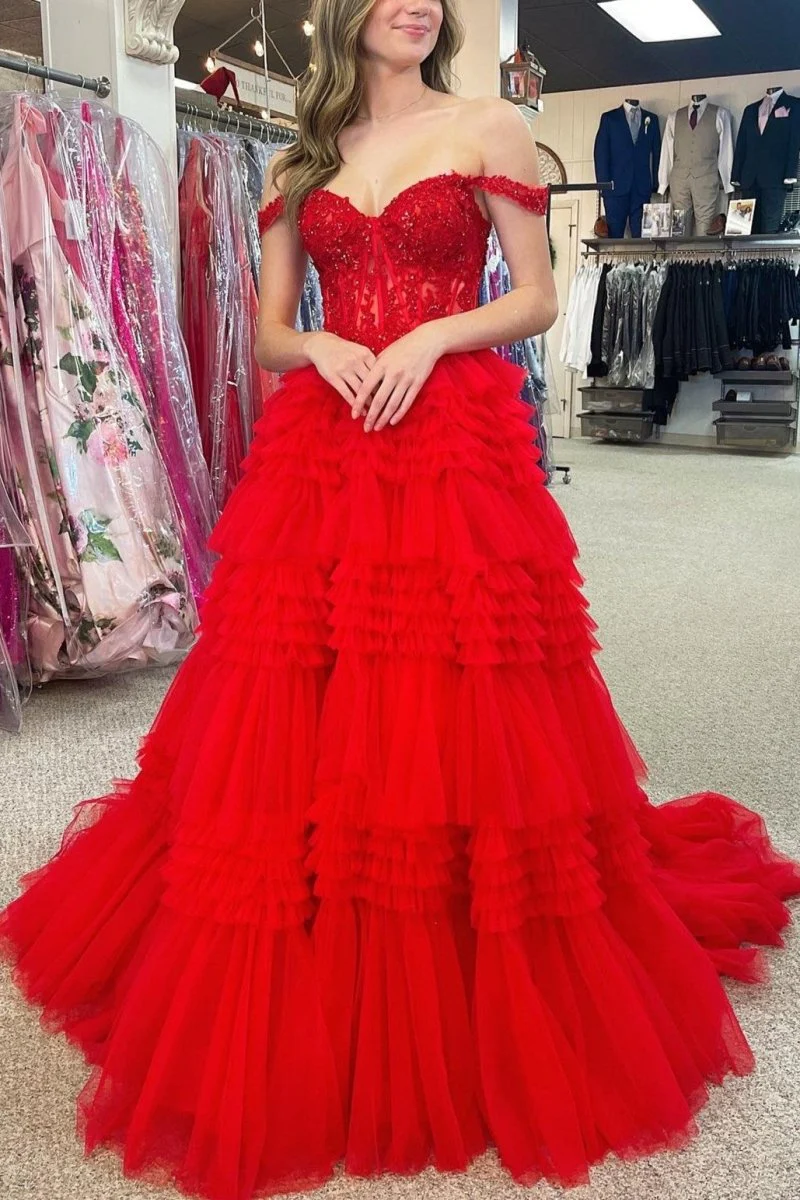 Red Tulle Off-the-Shoulder Ruffle Tiered Long Prom Dress