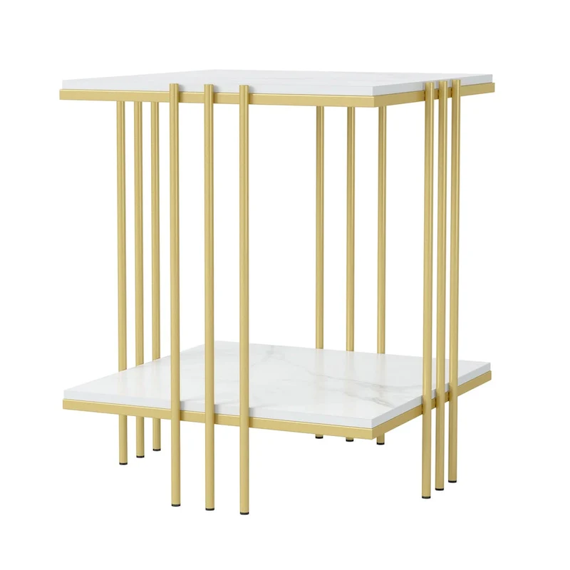 2 Tier Square Side Table Marble Gold Metal Leg Accent End Coffee Desk