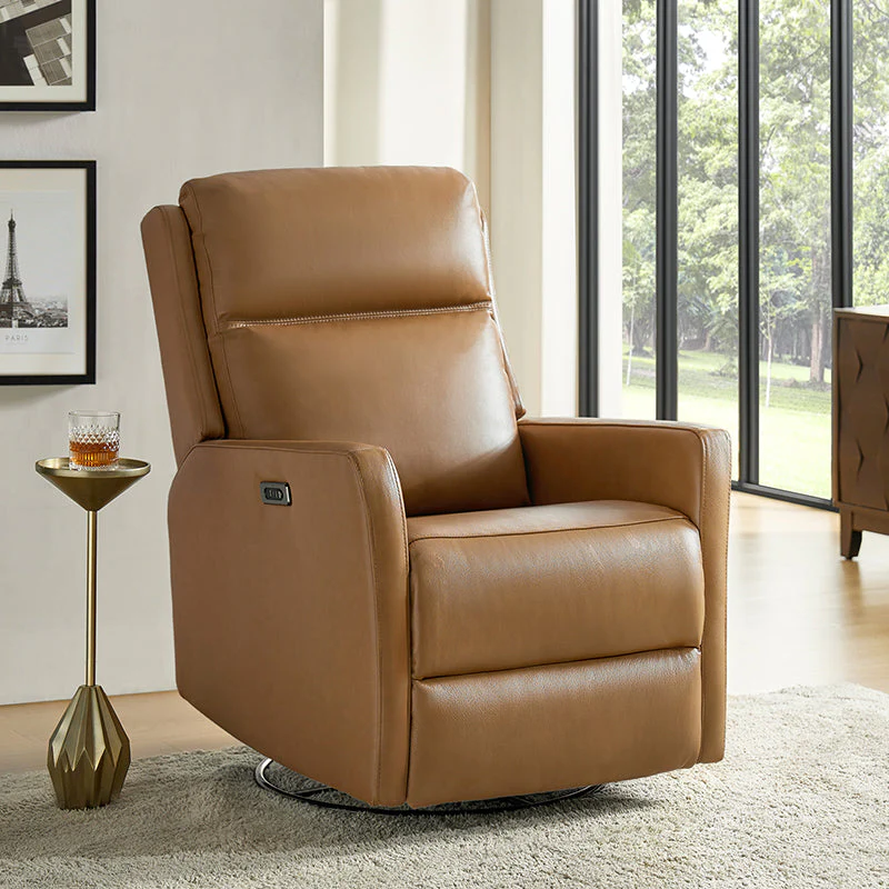 Genuine Leather Power Recliner with Swivel, Rocker & USB-C Charging Ports | Camel / Grey / Navy | Single Seat