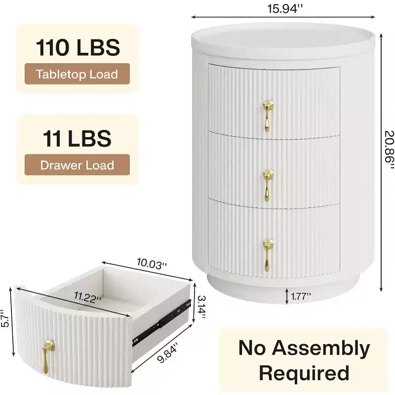 Tribesigns No Assembly 3-Drawer Nightstand, White