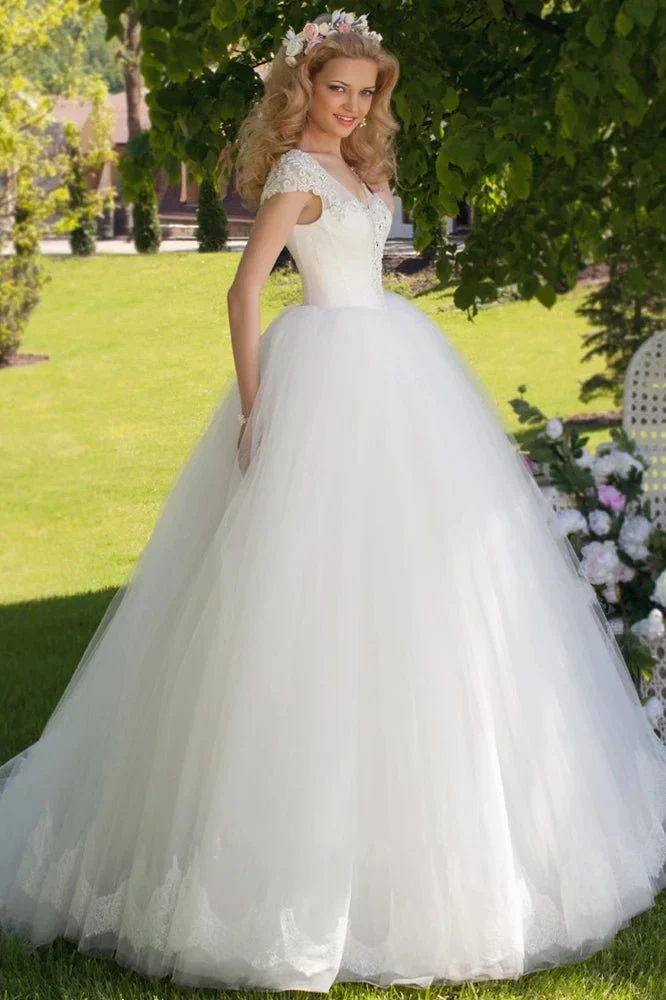 Ball Gown V-Neck Ruched Cap Sleeve Tulle Wedding Dress