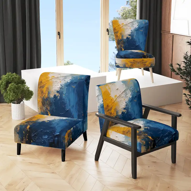 Blue and Yellow Intuitive Expressions I Upholstered Abstract Accent Chair and Modern & Contemporary Arm Chair