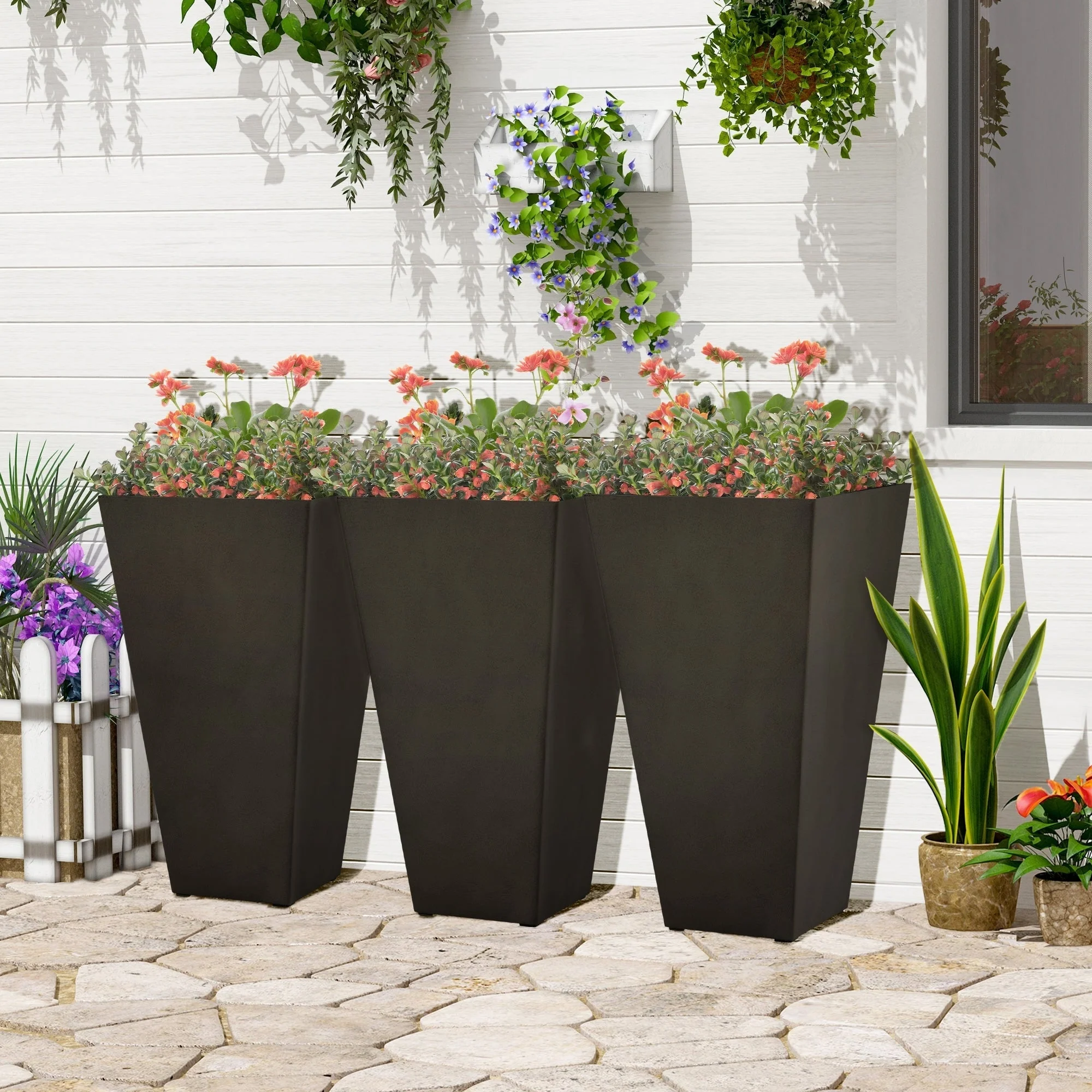 Outsunny 28 Tall Plastic Flower Pot, Set of 3, Large Outdoor & Indoor Plastic Garden Planters, for Entryway, Patio, Yard