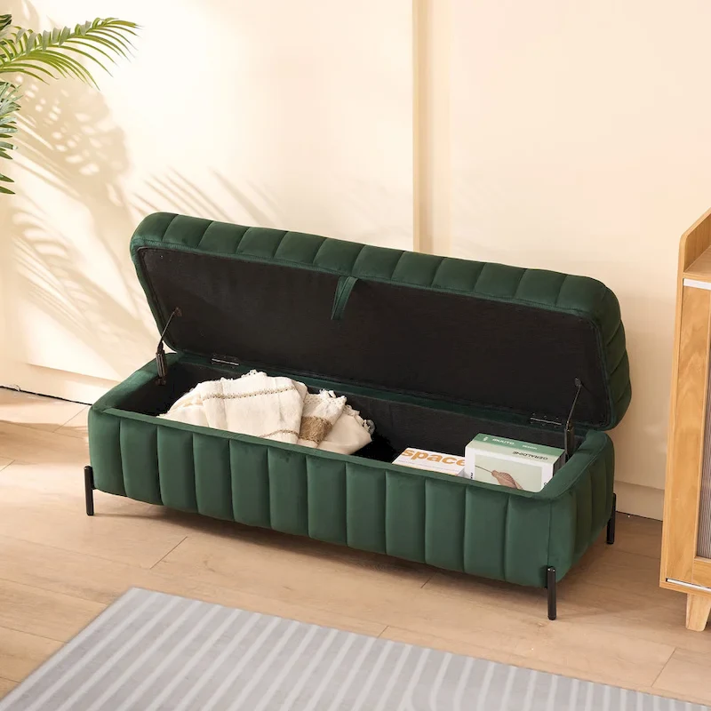 Green / Black / Navy / Beige Velvet Storage Bench with Metal Legs, 1-Person Assembly