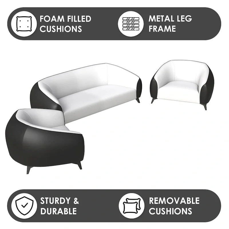 3-Piece Sofa Set Upholstered PU Leather with Solid Wood Frame and Steel Legs Opula Series by LeisureMod