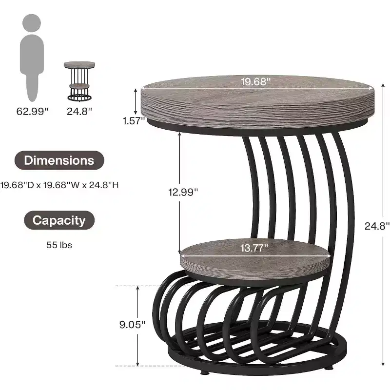 Lantine Round End Table: 2-Tier Farmhouse Wood Side Table with Shelf Storage, Arc-Shaped Frame, Accent Furniture for Living Room, Grey.