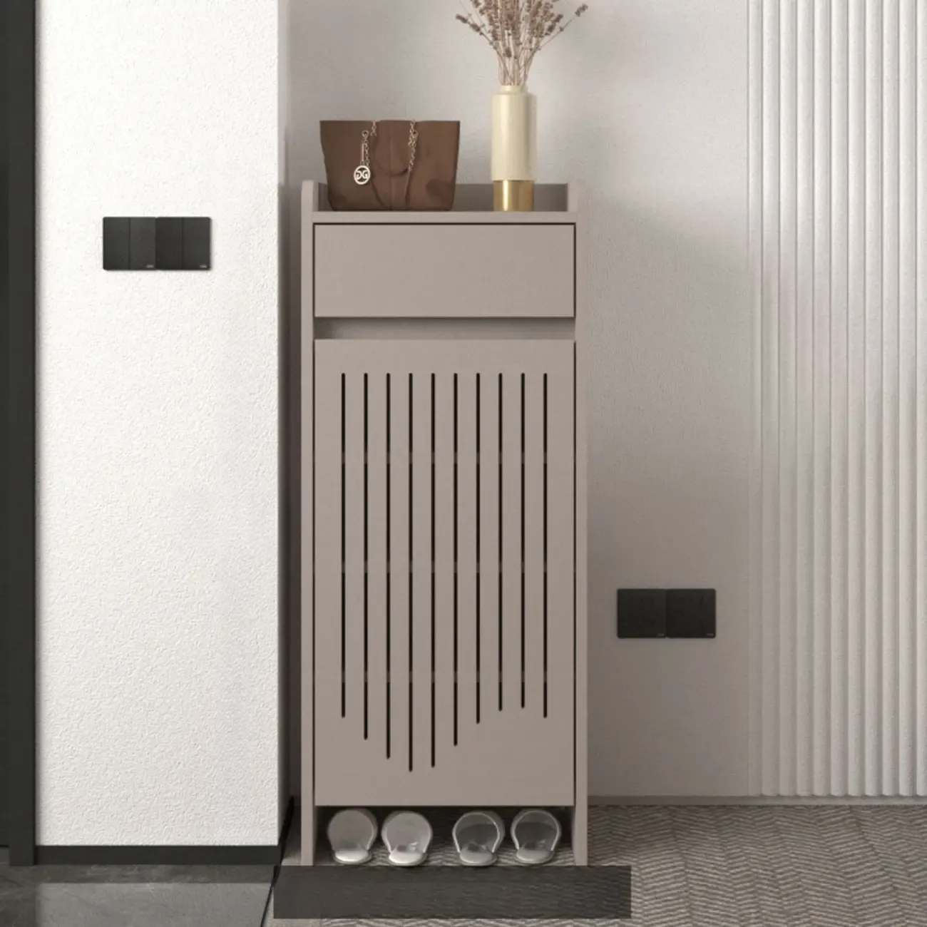 Modern Slim Wood Beige Entryway Shoe Cabinet