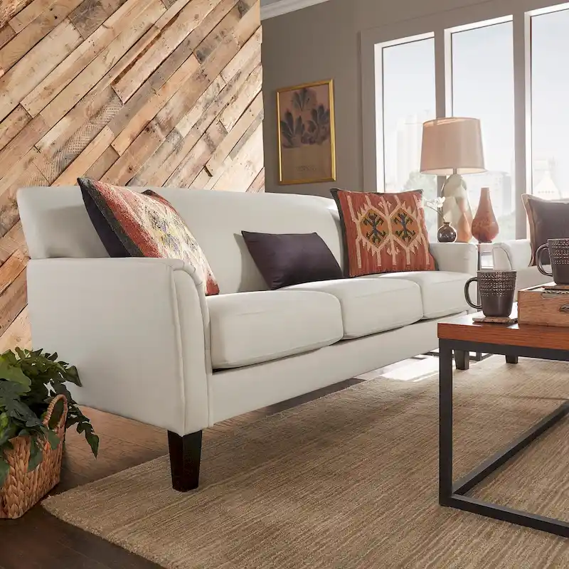 White / Dark Grey Linen Transitional Flared Arm Sofa with Removable Cushions - Fits 3 People
