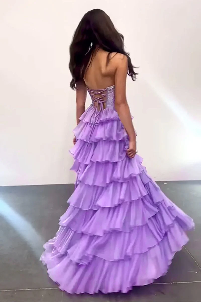 Lilac - A Line Strapless Chiffon Beaded Corset Long Prom Dress With Slit