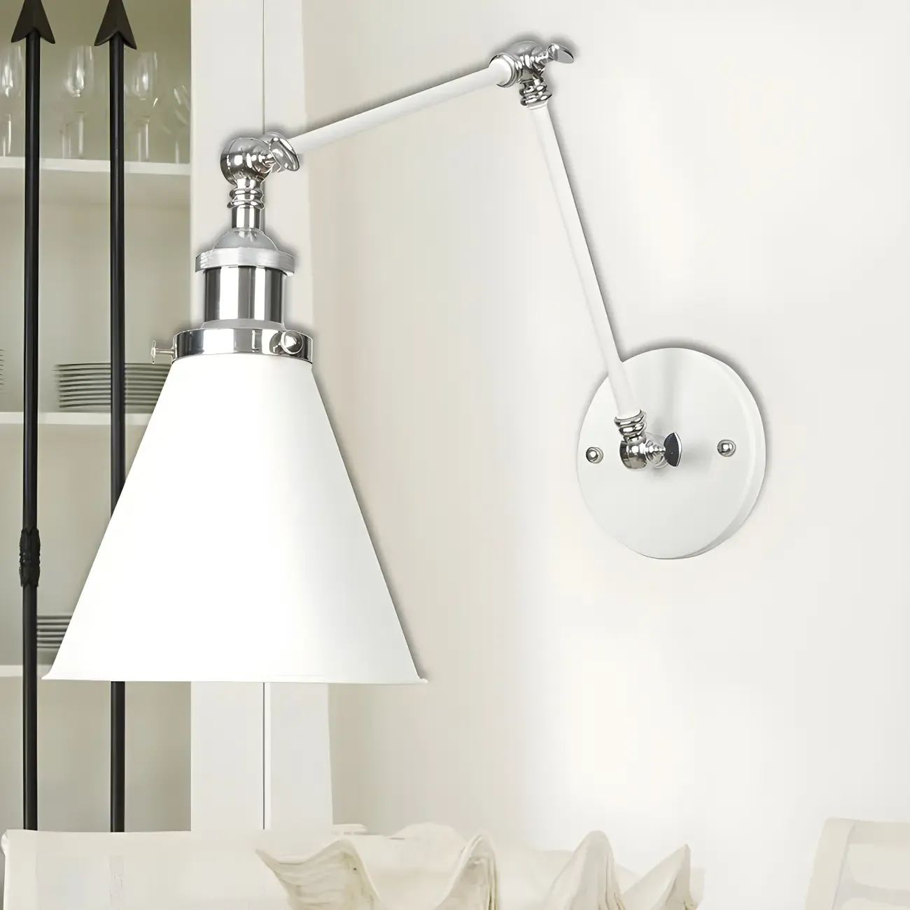 White Metal Adjustable Swing Arm Wall Light with Different Shade