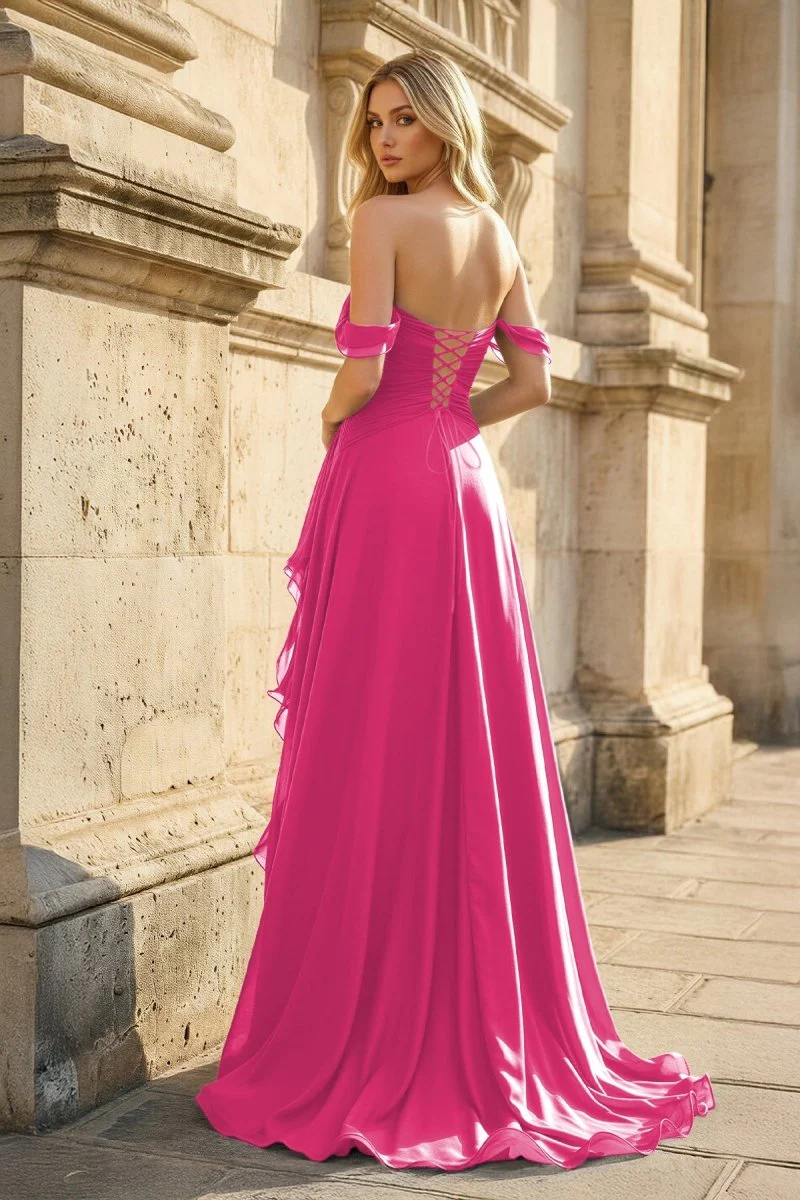 Peacock Off The Shoulder A Line Chiffon Pleated Long Prom Dresses With Slit