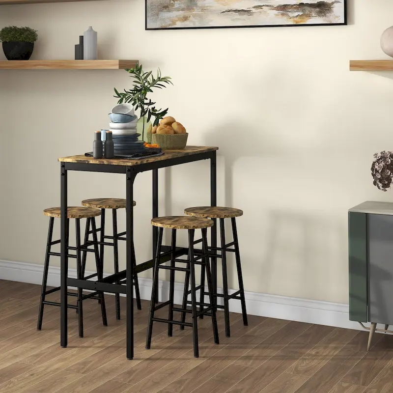 Bar Table Set for 4, Industrial High Top Table with Bar Stools, 5-Piece Small Kitchen Table and Chairs for Pub