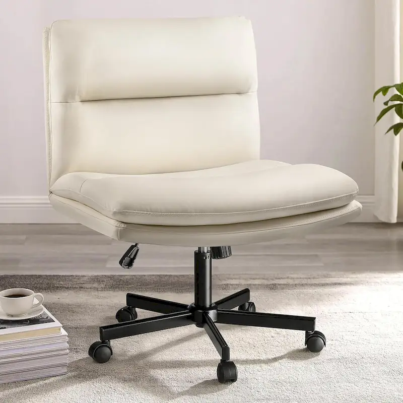 Cross Chair with Wheels,PU Leather Armless Cross Legged Office chair, Adjustable Wide Seat Task Vanity Chair
