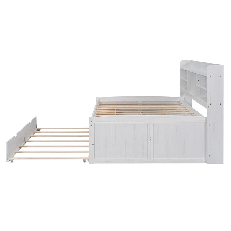 Full Pine Captain Bed with Shelves, Drawers & Trundle