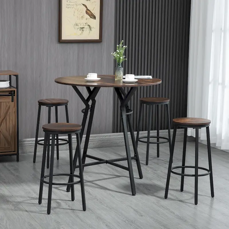 HOMCOM Industrial 5-Piece Bar Table and Chairs Set, Space Saving Dining Table with 4 Stools for Pub and Kitchen, Black & Brown