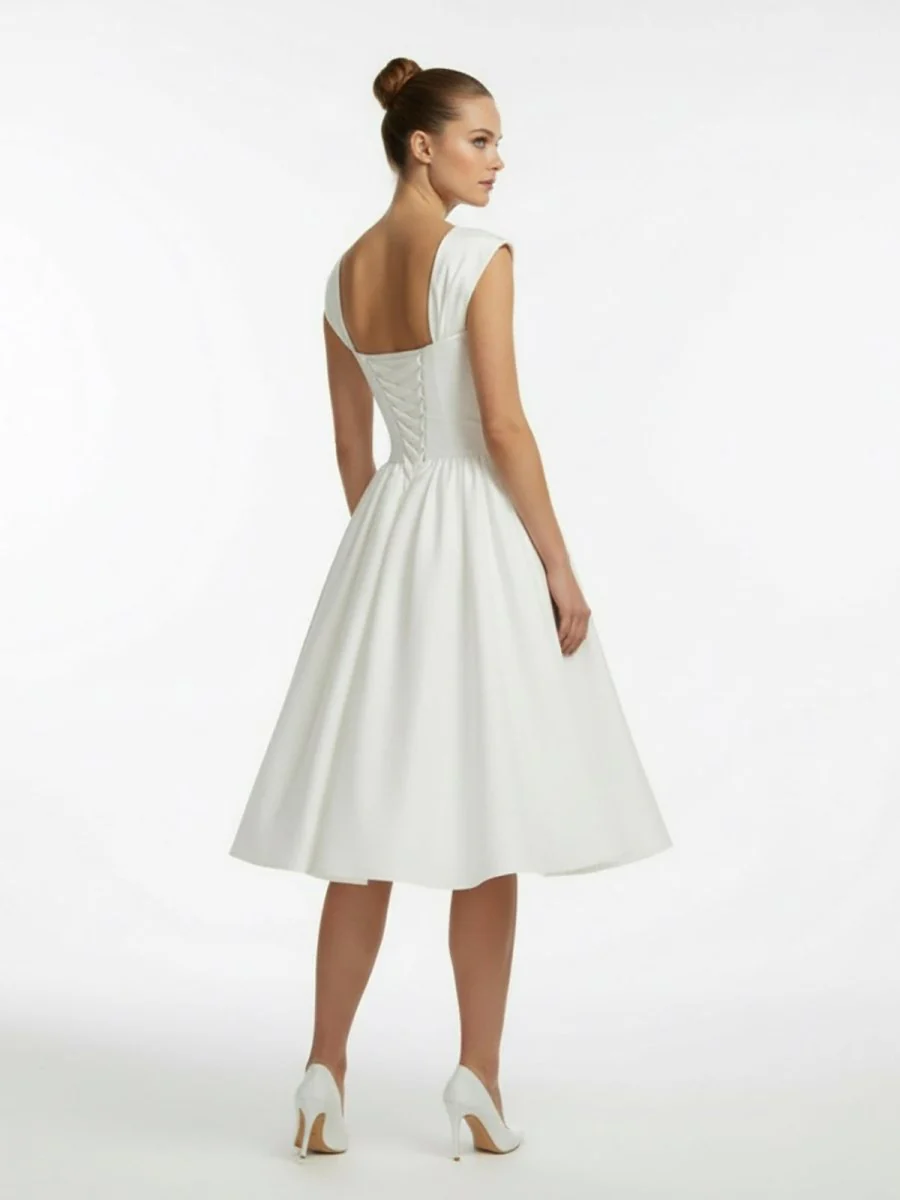 Straps Sleeveless Lace-Up Back Tea-Length Satin Wedding Dress