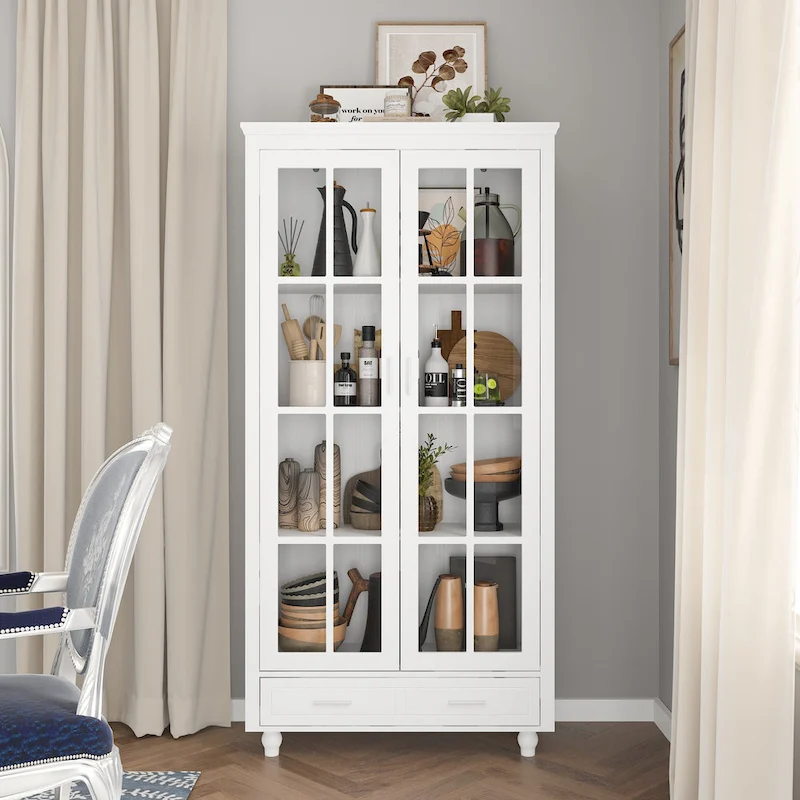White Bookcase with Glass Doors Display Cabinet Bookshelf Organizer - 70.9Hx36.2W